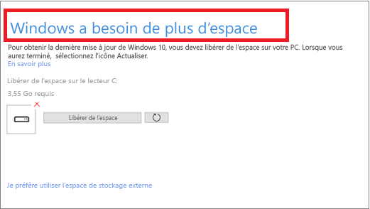 Pop up Message libérer espace disque mise à jour Windows - Kiatoo