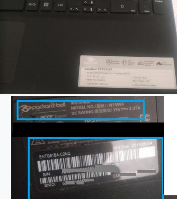 exemple d'étiquettes disponibles sur PC portables avec caractéristiques techniques de la machine Windows - kiatoo