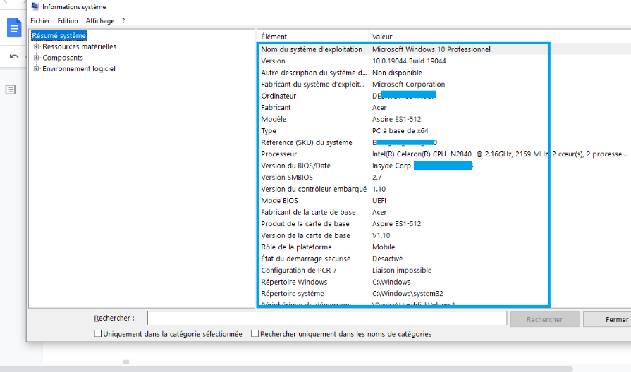 verifier le systèeme d'exploitation installé sur PC Windows avec résumé système dans paramètres - kiatoo