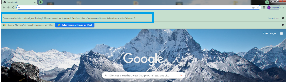 Message du navigateur Chrome sur un PC Windows 7 indiquant que la mise à jour n'est pas possible sur ce PC. Il faut passer à Windows 10 ou version ultérieure.