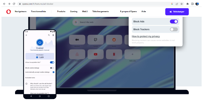 Navigateur Opéra intègre nativement un bloqueur de pub efficace sur les sites que vous visitez