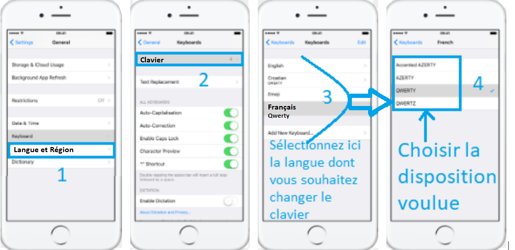 changer paramètres langues et clavier pour passer de qwerty à azerty iPhone iOS - kiatoo