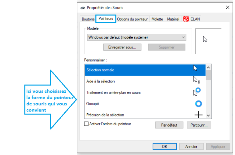 allez dans l'onglet pointeurs pour changer forme couleur souris - kiatoo