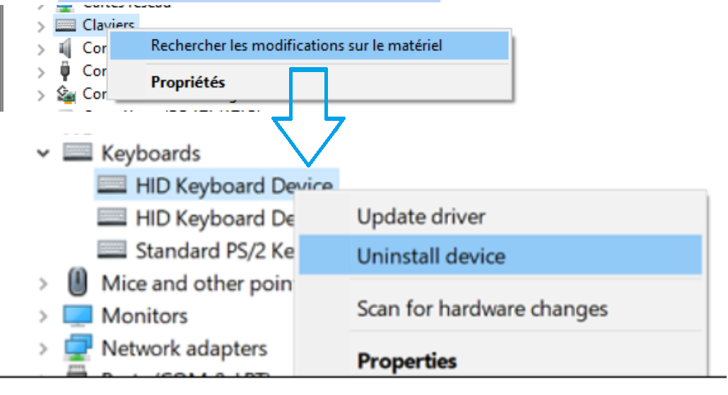 désinstaller et installer driver clavier dans gestionnaire des taches pour réparer touches en panne - kiatoo