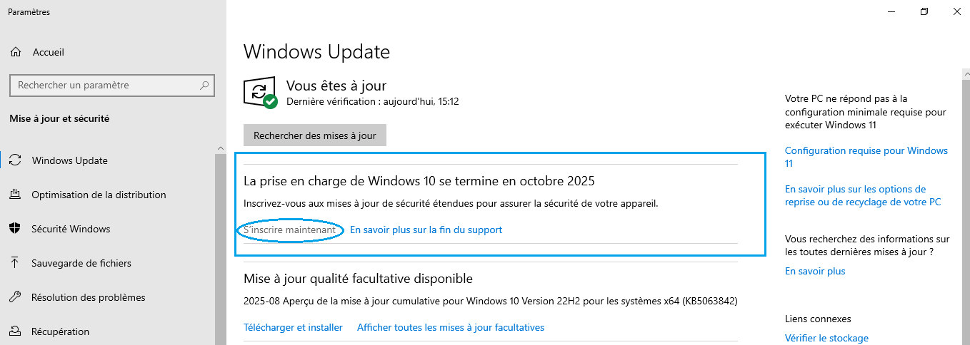 message pour inscription aux ESU Windows 10 - kiatoo