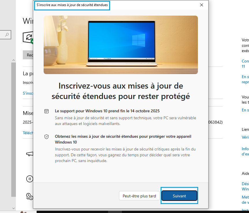 message pour s'inscrie au programme esu win10 - kiatoo