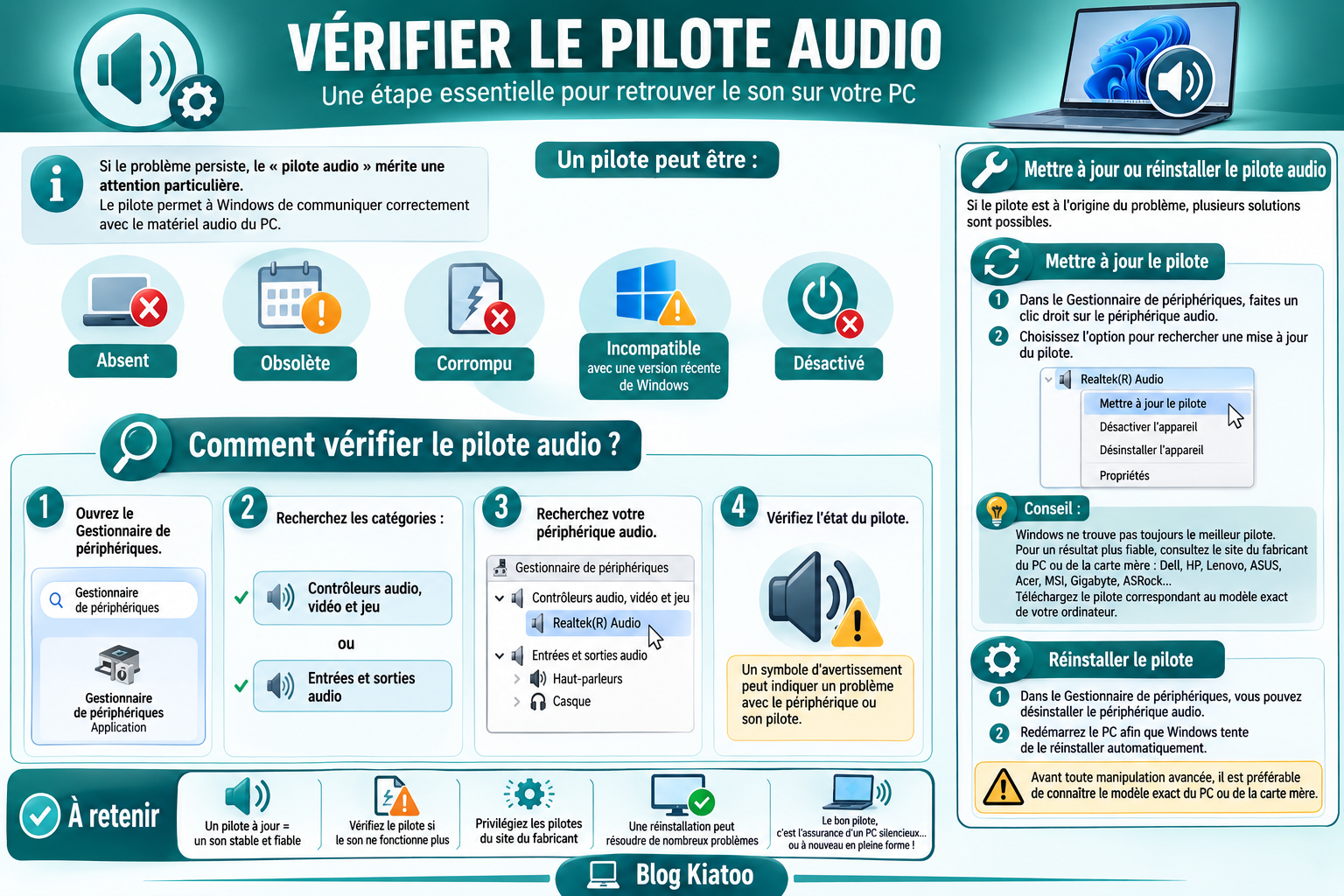 vérifier les pilotes audios si le pc sans son - kiatoo